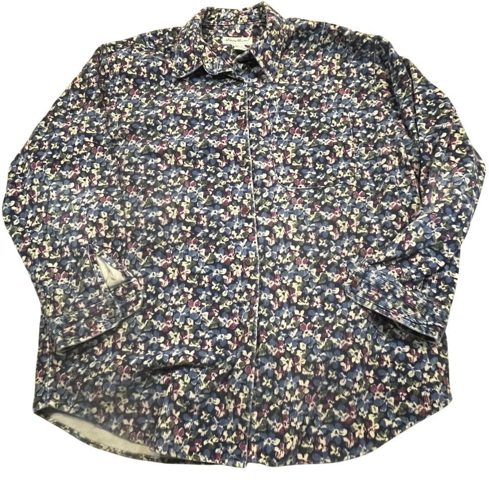 Eddie Bauer Womens Large Floral Corduroy Shirt Long Sleeve Cotton Button Up Blue